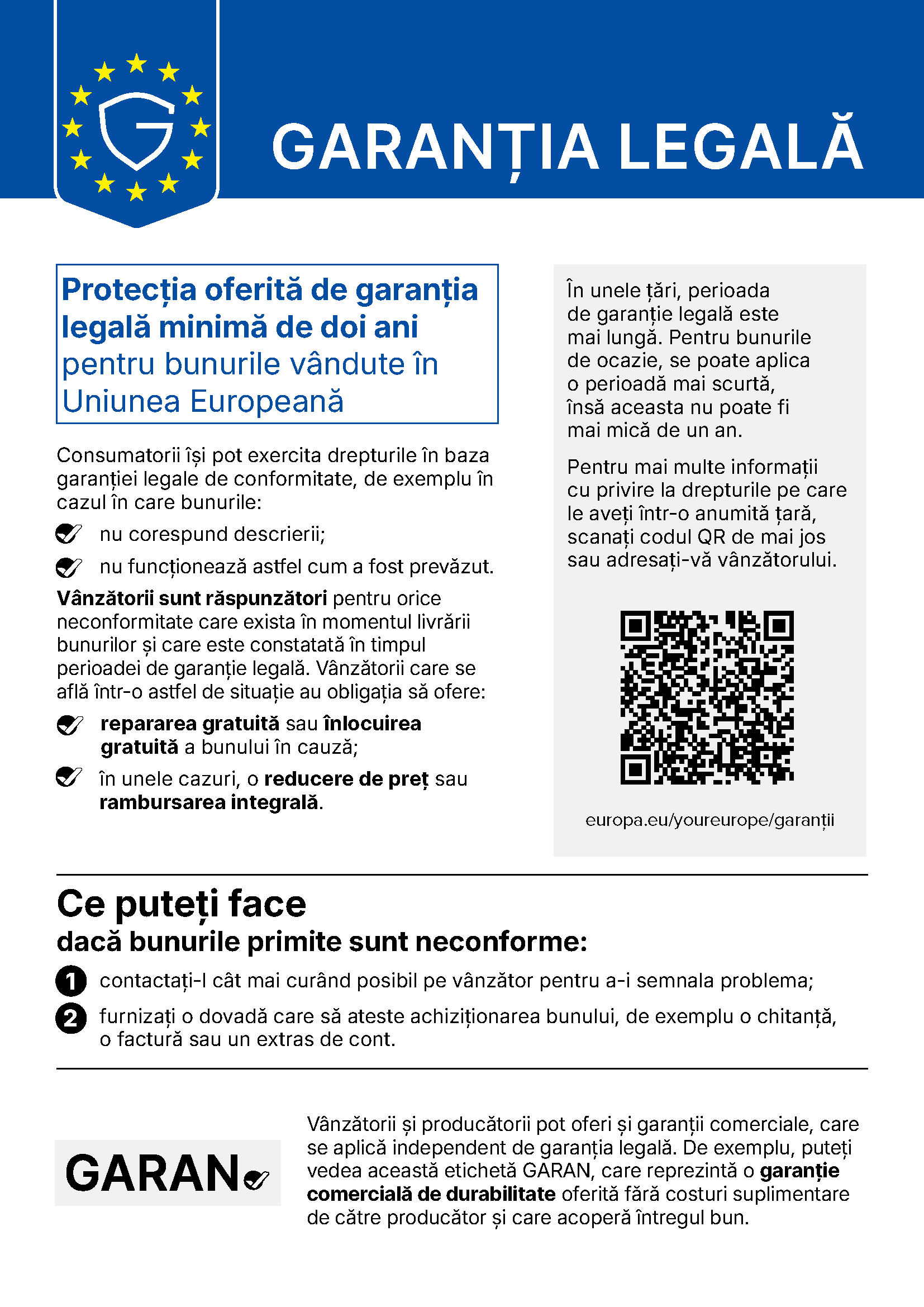 Notificare UE privind garantia legala de conformitate