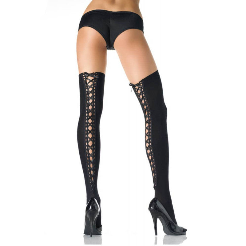 726289 OPAQUE THIGH HI W/ LACE UP BACK O/S BLK